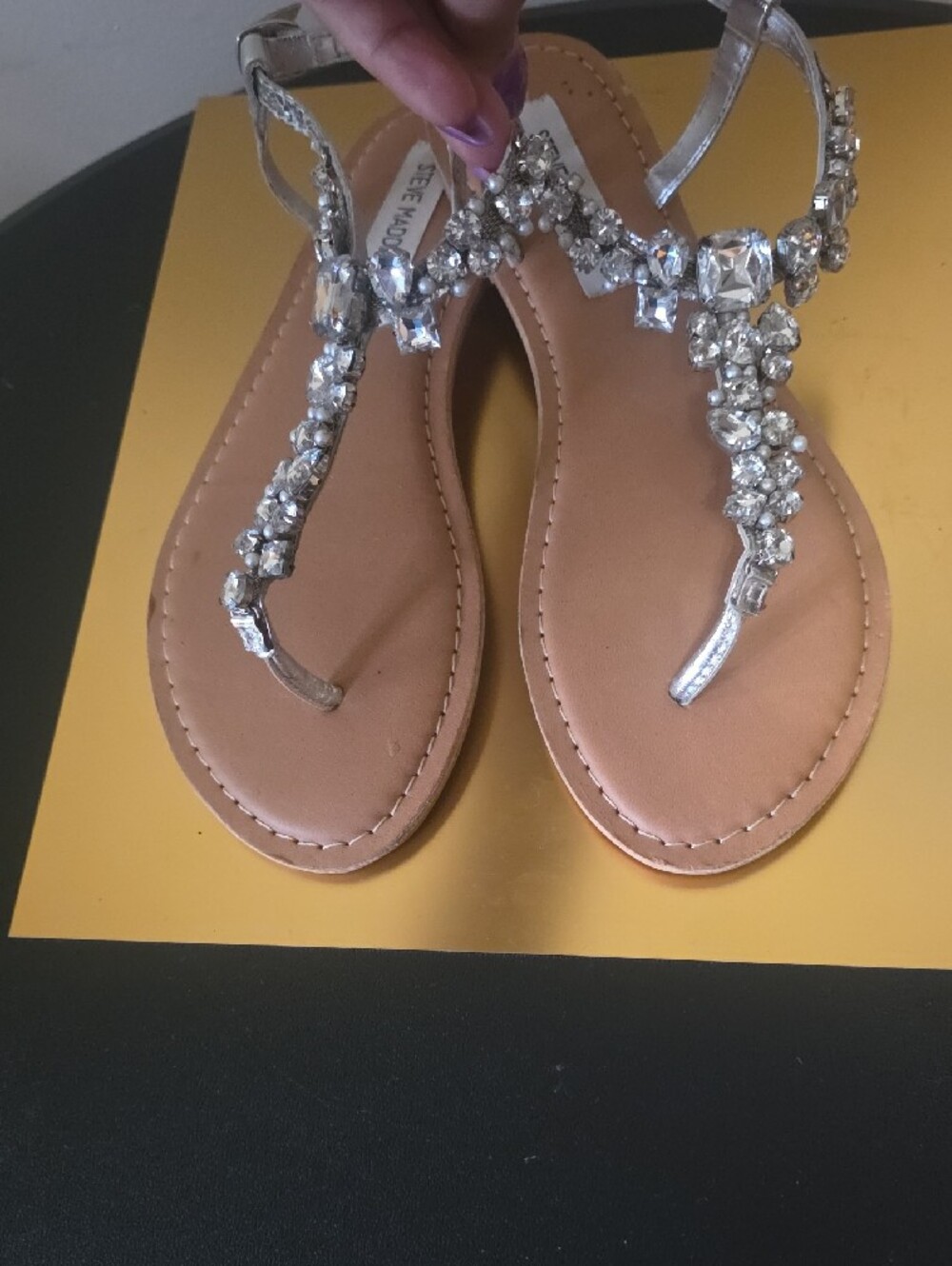 Steve Madden Silver Crystal T-Strap Sandals